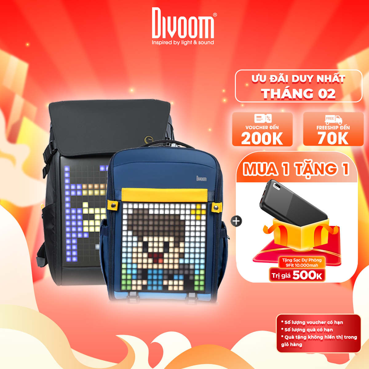 Balo DIVOOM Pixoo Backpack-M,  Backpack-S hiển thị màn hình LED, ngăn chứa Laptop 15inch - Bảo hành 12 tháng