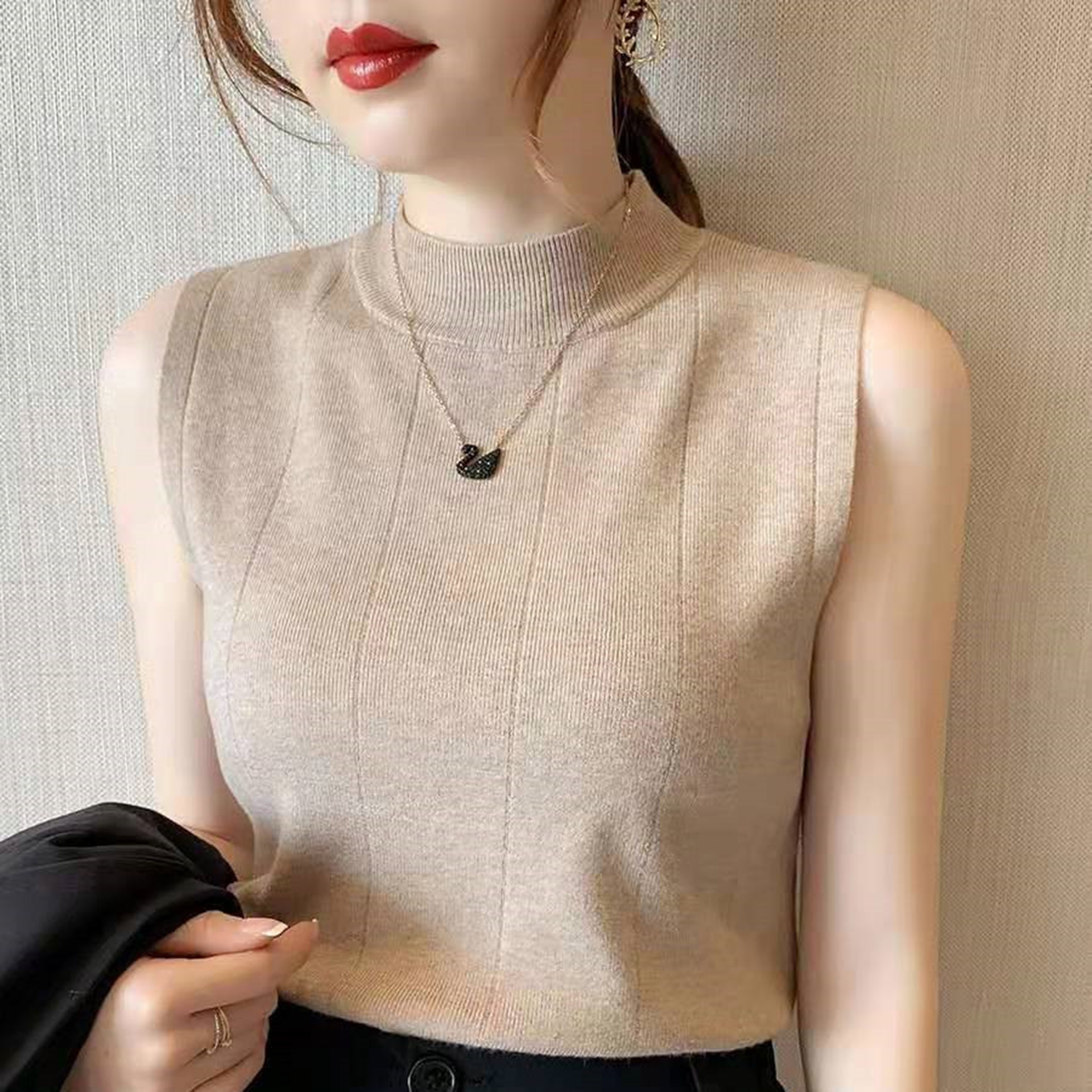 Áo len sát nách cổ 3 phân, áo dệt kim cổ lọ dáng ôm Sexy