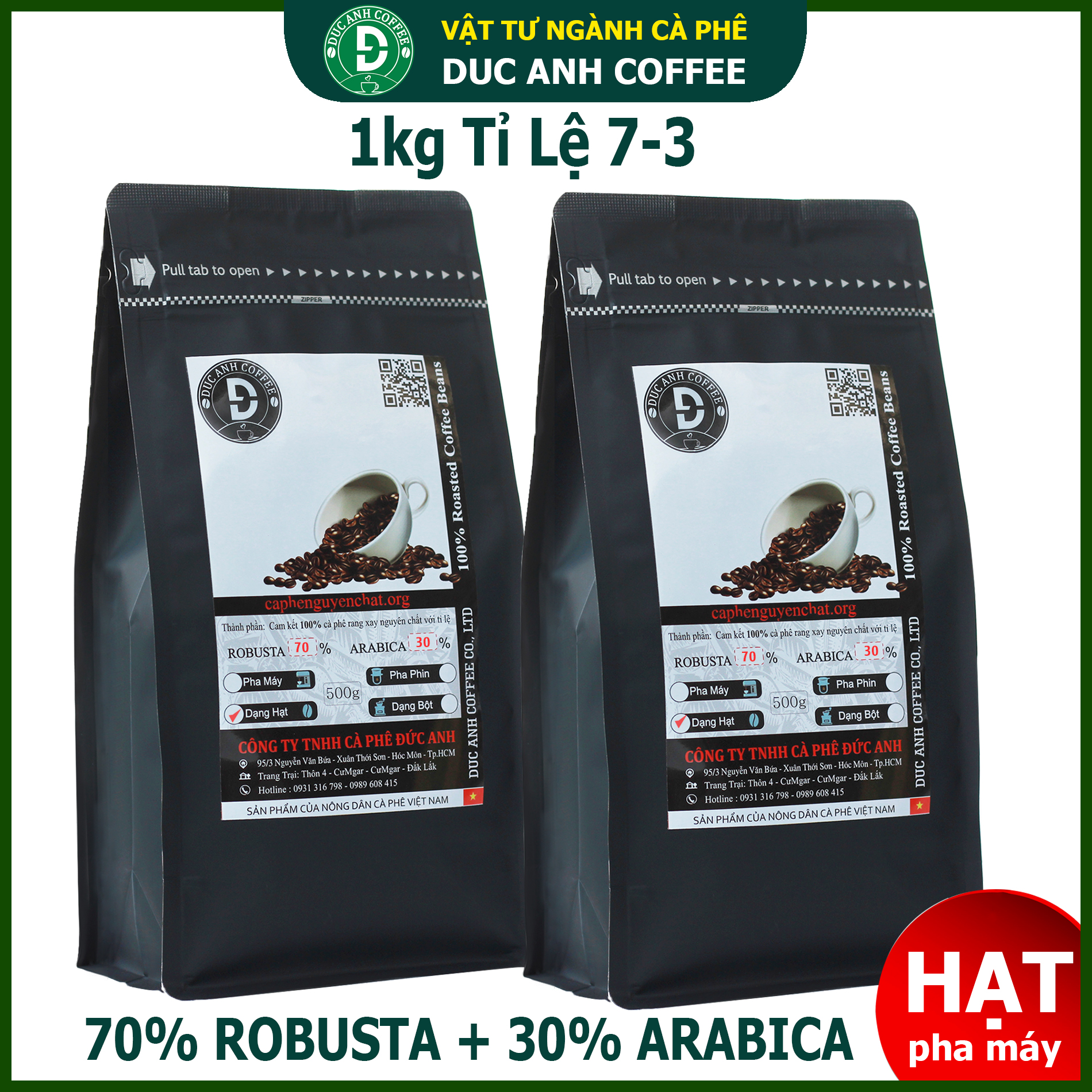 1kg cà phê Hạt pha máy rang mộc tỉ lệ 7-3 (70% robusta + 30%arabica) nguyên chất rang vừa- cafe đức anh - whole beans coffee - cafe hạt
