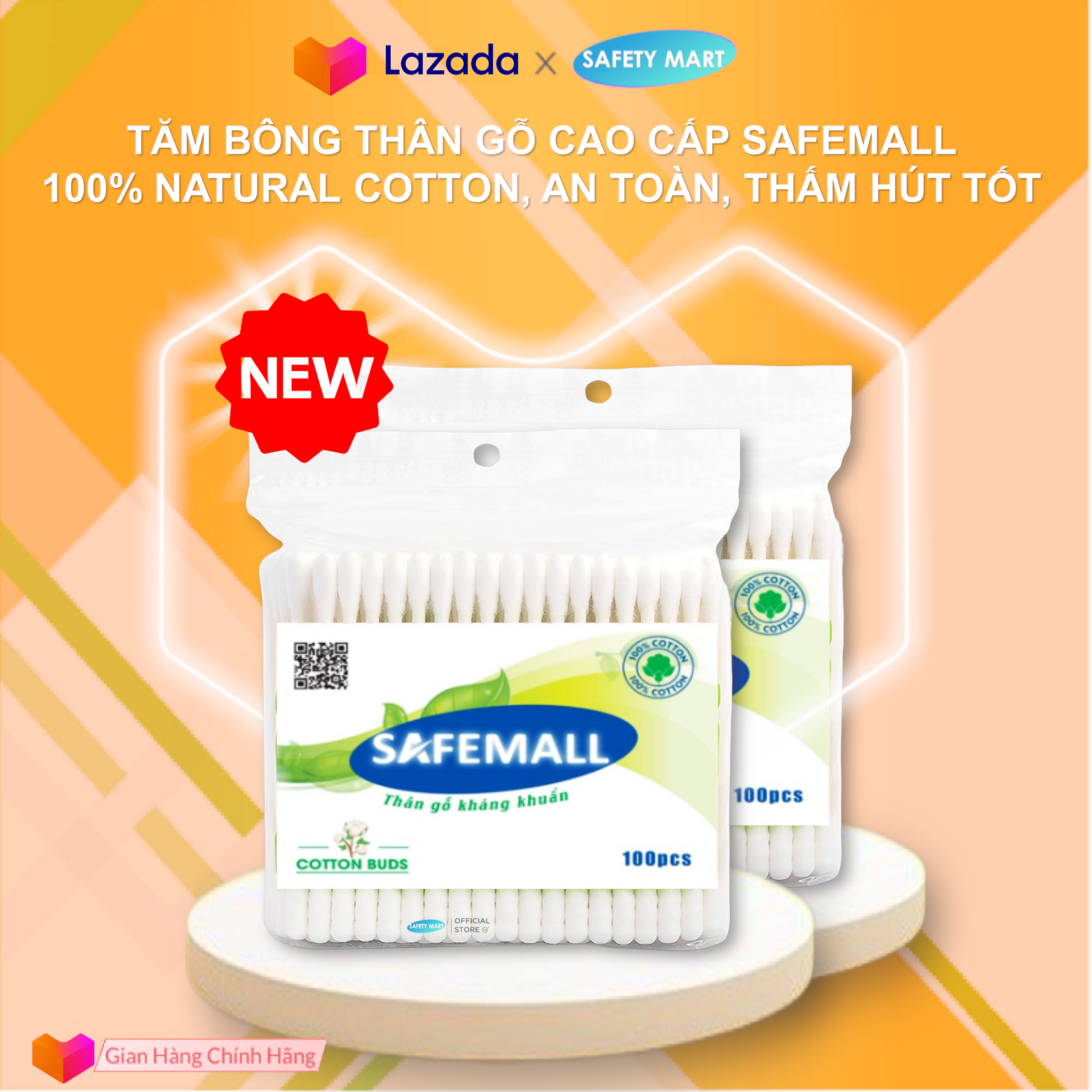 [BÁN CHẠY] Gói 100 que tăm bông SafeMall thân gỗ kháng khuẩn 100% cotton Natural, Bông gòn mềm mại, Tăm bông trẻ em cao cấp đa công dụng vệ sinh, trang điểm..., Tăm bông ráy tai trẻ em 100% cotton buds - Hàng Chính Hãng