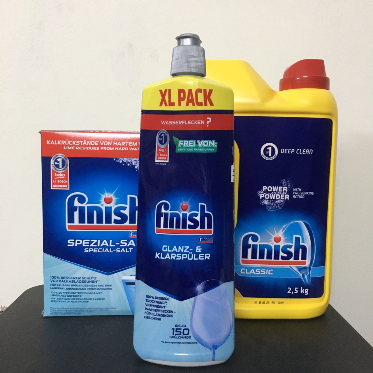 Bột rửa chén Finish 2.5kg+Muối finish 1.2kg+Nước làm bóng bát chén 750ml