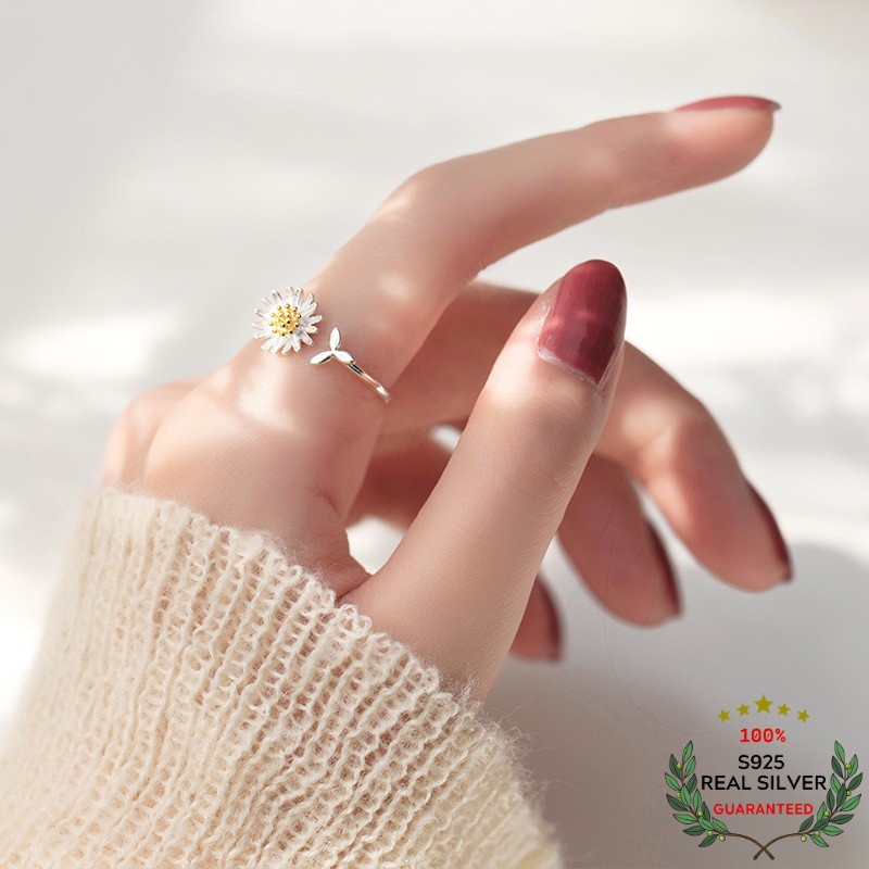 Nhẫn bạc s925 cúc họa mi little daisy điều chỉnh được xinh xắn | nhẫn nữ bạc trang sức thời trang