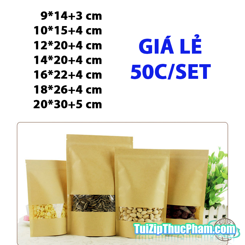 50 cái túi zip thực phẩm MIS nhiều kích thước, Túi giấy kraft vàng zip cửa sổ tràn viền đáy đứng, túi zipper giấy đựng thực phẩm chất lượng cao
