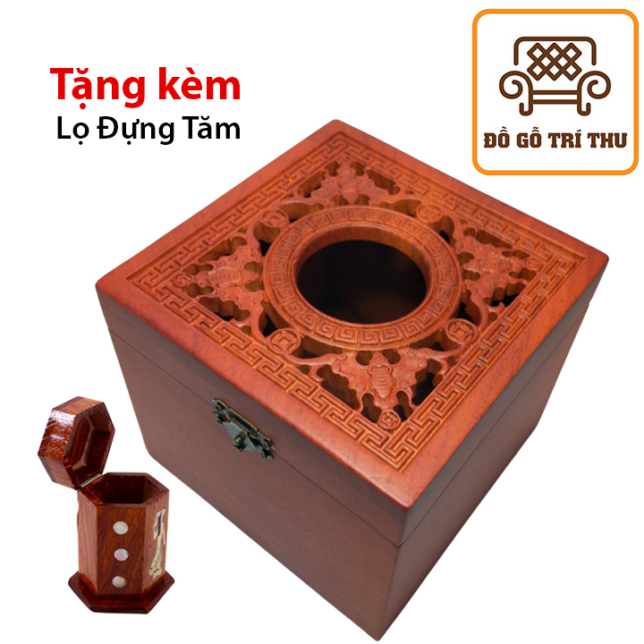 [ Tặng lọ đựng tăm ] Hộp đựng giấy ăn khổ vuông gỗ hương mặt chạm cánh dơi cao cấp