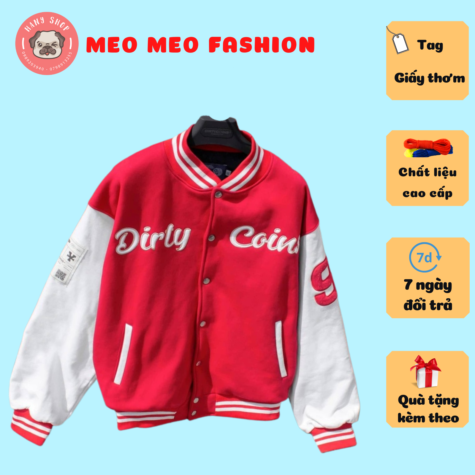 Áo Khoác Bomber DirtyCoins Embroidered Varsity Jacket Red Nam Nữ size L form 55-70kg phối 2 màu đỏ trắng Meo Meo Fashion BB01