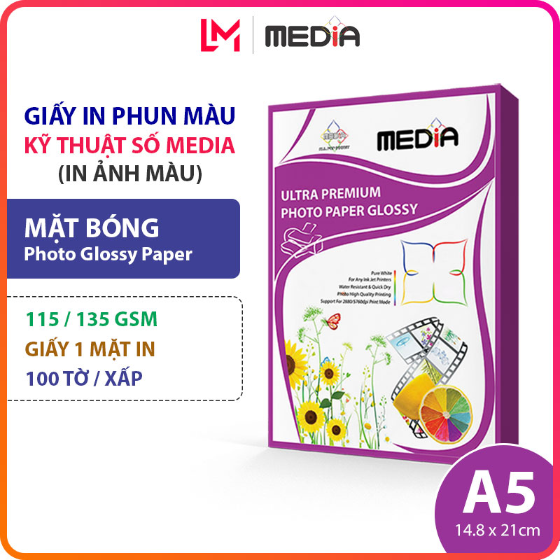Giấy In Ảnh Media A5 Bóng 1 Mặt In 115/135gsm 100 Tờ, Giấy Ảnh Glossy Photo Paper 15x21, Giấy In Phu