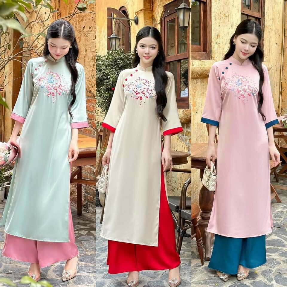 Áo dài cách tân ngọc hà 3 màu dáng suông chất vải lụa ngọc trai cao cấp - áo dài diệp anh