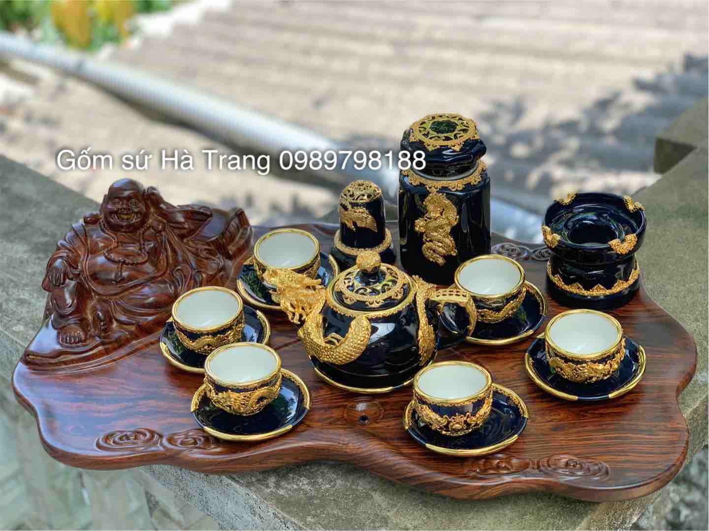 Bộ ấm chén Bát Tràng rồng coban mạ vàng 9999 kèm khay Di Lặc