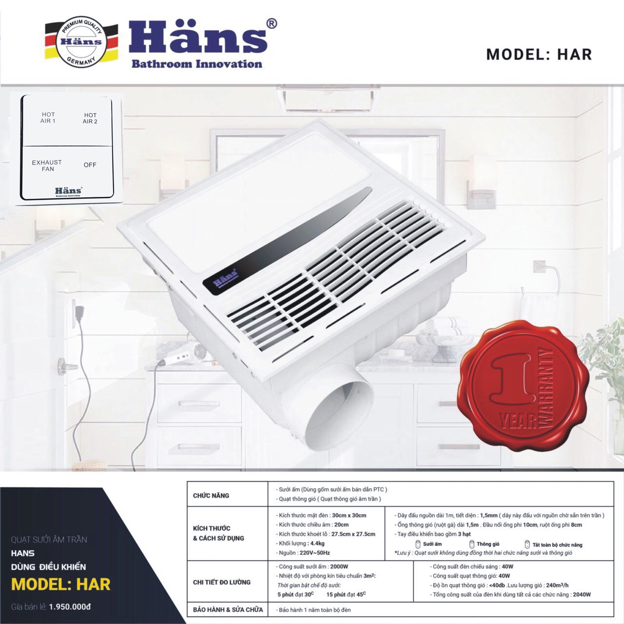 Quạt sưởi nhà tắm âm trần Hans- HA-R