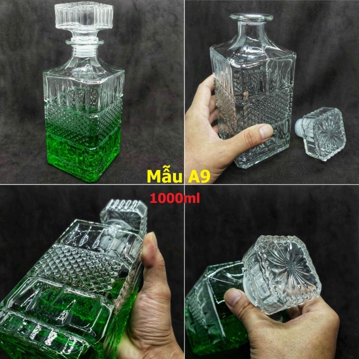 Chai đựng rươu thủy tinh 1000ml trong suốt - kiểu vuông họa tiết gân kim cương nổi - vỏ chai rươu sang trọng trong suốt - kiểu a9
