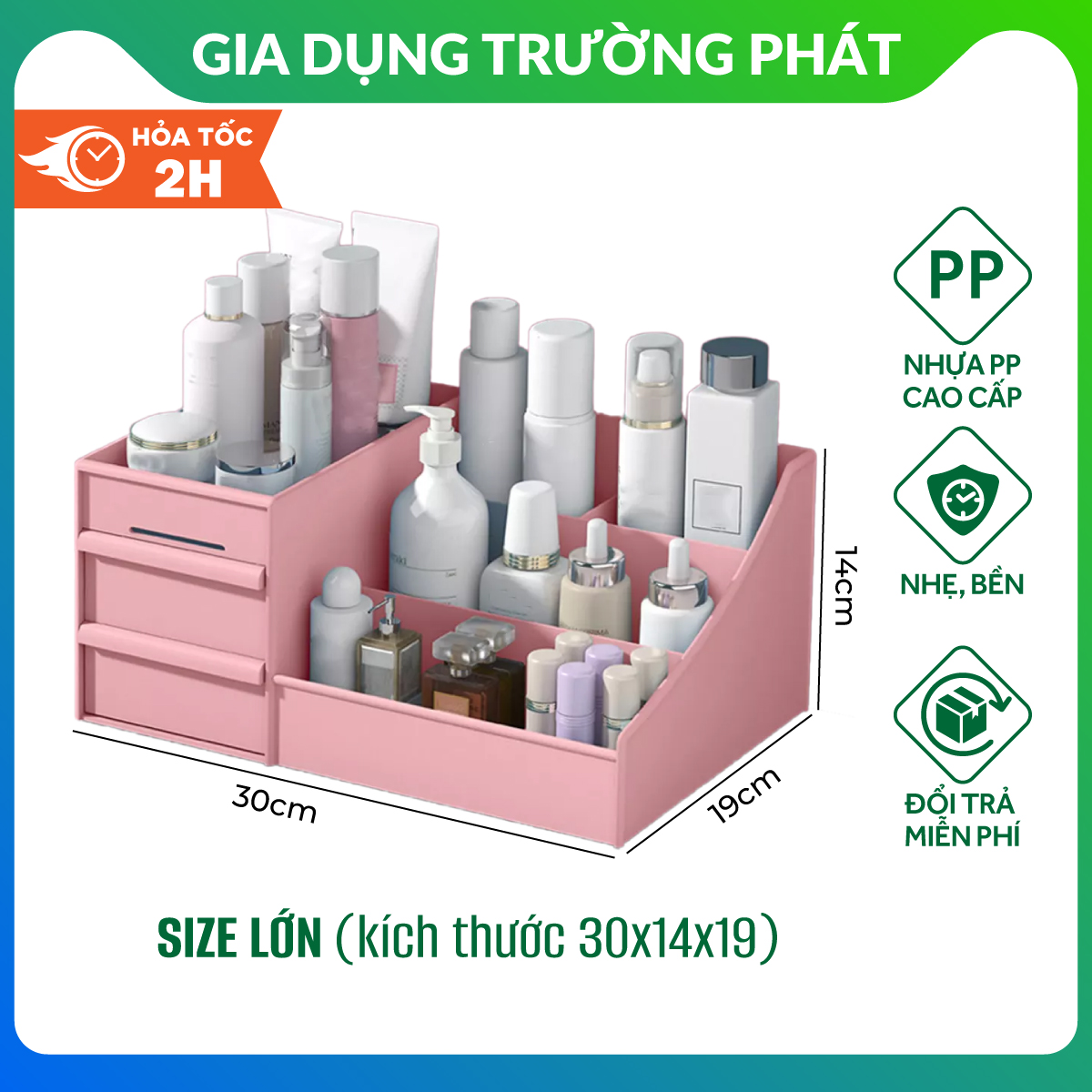 Kệ Đựng Mỹ Phẩm 3 Tầng 2 Ngăn Kéo, Hộp Đựng Đồ Trang Điểm Loại To (Kích Thước 29,5 x 18,5x 12,5 cm)