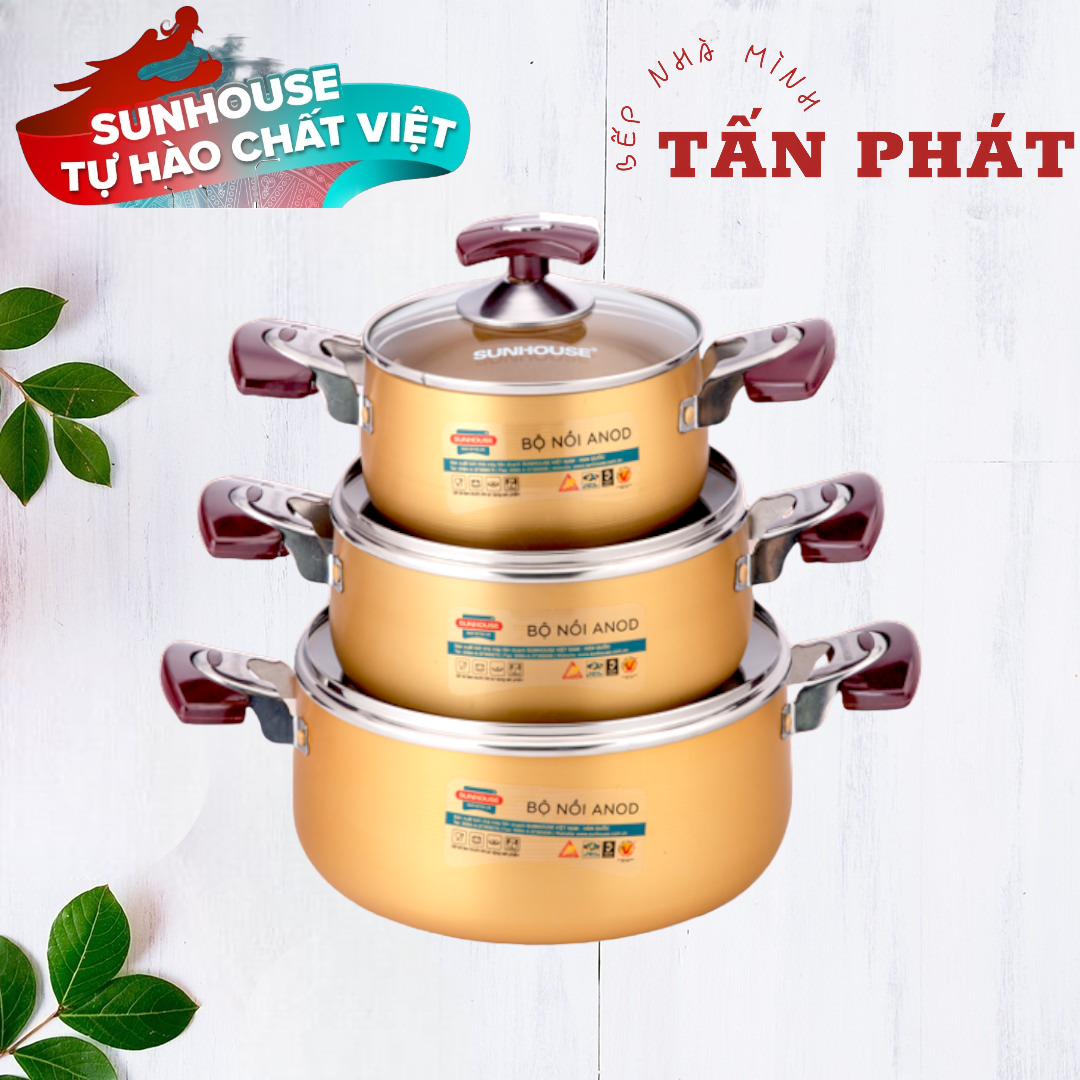 Bộ nồi anod sunhouse sh6634 16-20-24cm không dùng trên bếp từ