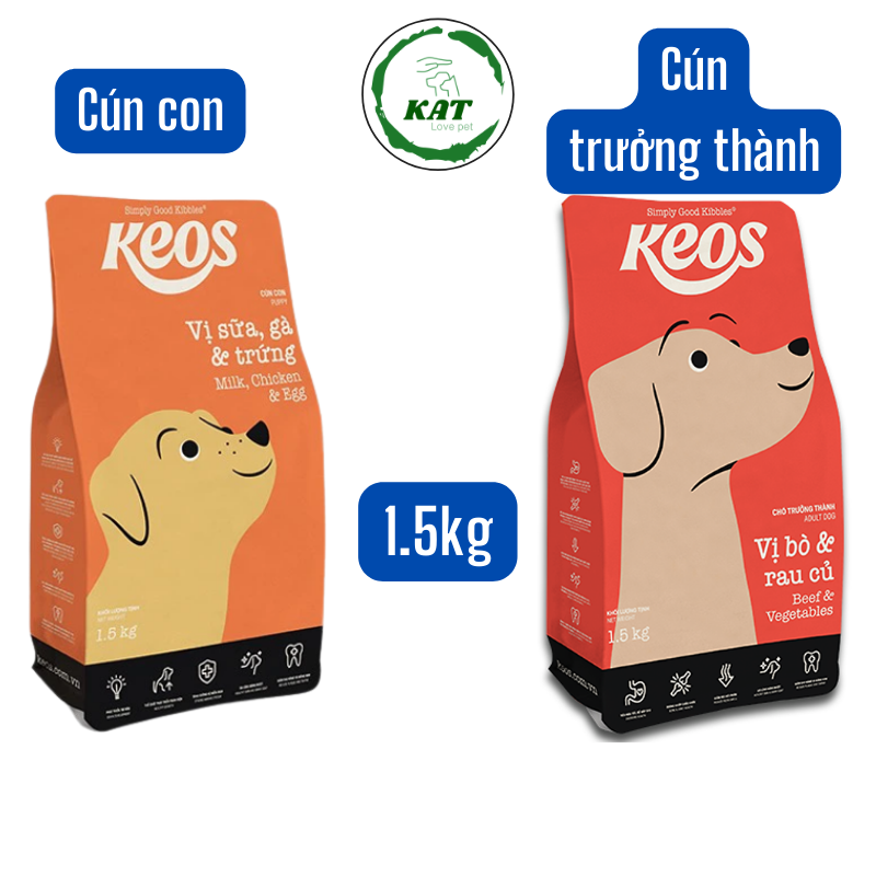 [1.5kg] Hạt thức ăn cho chó KEOS - Dành cho chó con và chó trưởng thành - Gói 1.5kg - KAT Love Pets