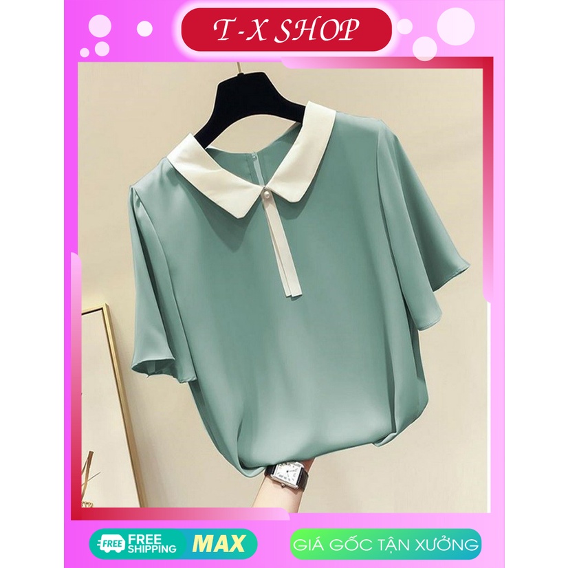 Áo kiểu sơ mi nữ hàn quốc cổ phối trắng tay phồng cánh sen công sở