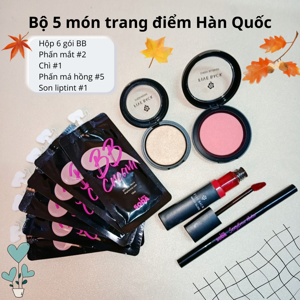 Combo 5 món trang điểm Hàn Quốc / set quà tặng makup + phấn má hồng #5 + son liptint #1)