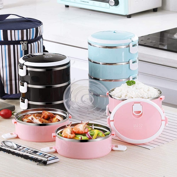Hộp đựng cơm lúa mạch văn phòng 4 ngăn, hộp dựng cơm tặng đũa muỗng inox,hộp đựng cơm, Cà mèn 4 tầng