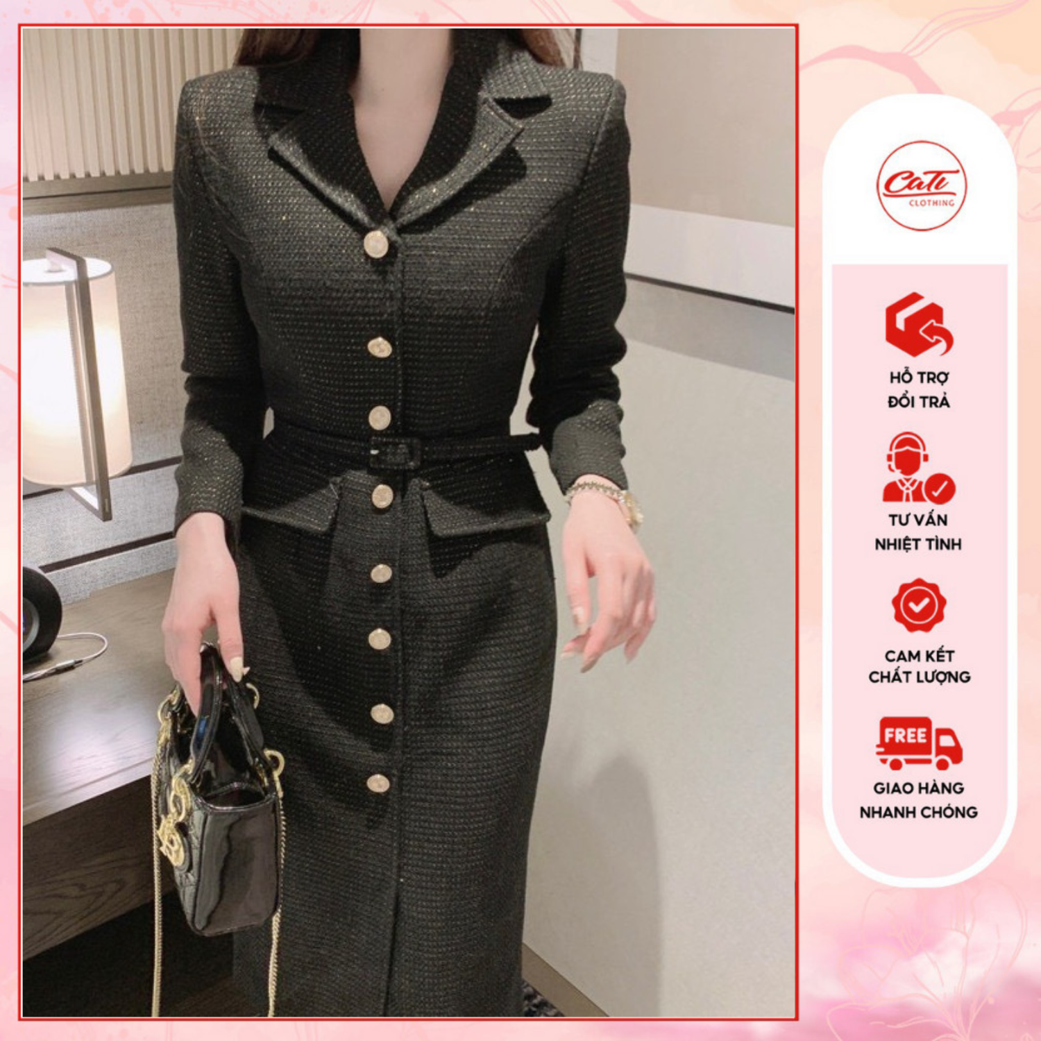 Cati đầm midi dạ cổ vest - kèm belt 4 màu