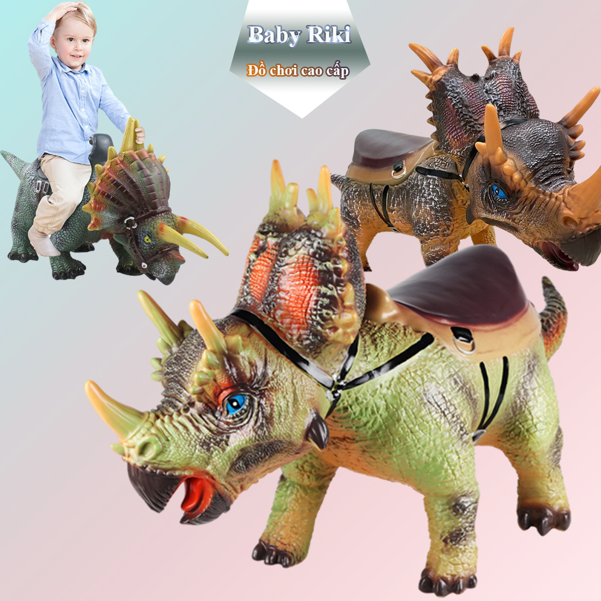 [HOT] Khủng long 3 sừng cho bé ngồi cưỡi có âm thanh chân thực mô phỏng khủng long triceratops như thật bằng cao su mềm và lót bông tự nhiên an toàn cho trẻ nhỏ