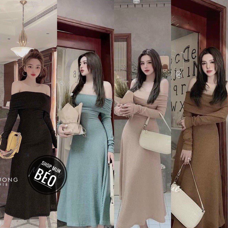 [MẪU MỚI] Đầm Trễ Vai Phom Dài Dáng Xòe Tay Dài Chất Thun Gân Thích Hợp Mặc Đi Tiệc Đi Làm Đi Chơi