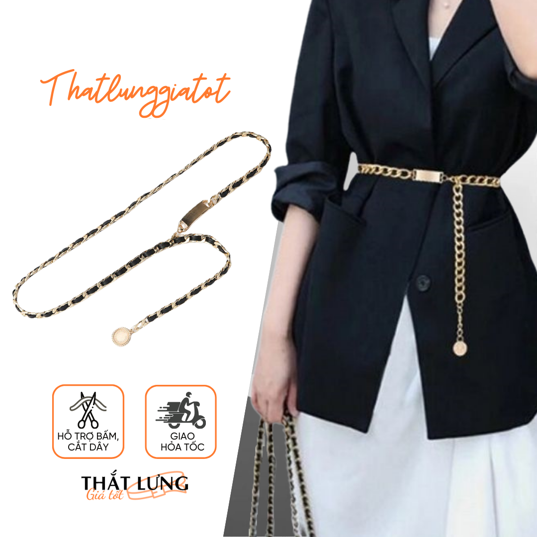 Đai váy xích vàng phối đầm cá tính luồng da màu đen DV090 - Thắt Lưng Giá Tốt