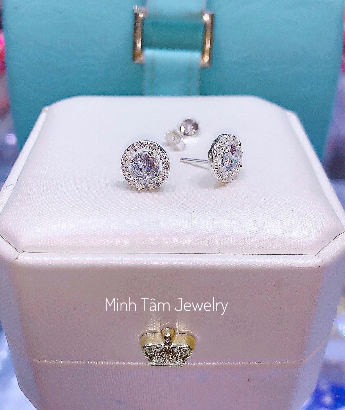 Bông tai nụ bạc ta nạm đá cao cấp-Minh Tâm Jewelry