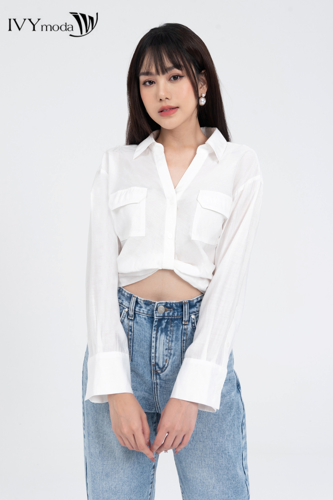 Áo sơ mi croptop kiểu xoắn eo ivy moda ms 17b9461