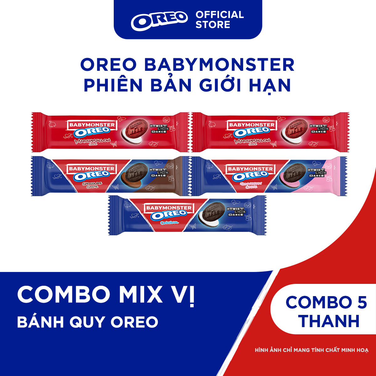  OREO BABYMONSTER Bánh Quy Kem Mix Vị  Marshmallow x 2 Vani Dâu Sôcôla  110,4g  Combo 5  