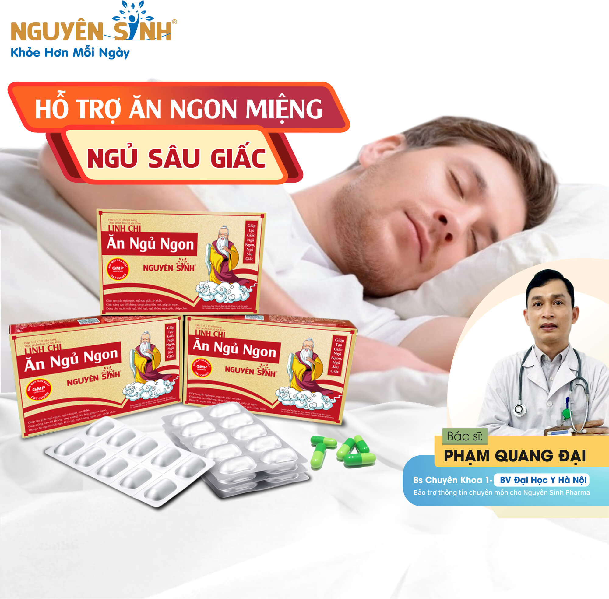3 hộp thực phẩm chức năng Linh chi Nguyên Sinh giúp cải thiện giấc ngủ, ăn ngon miệng cho trẻ em trên 6 tuổi, người già ít vận động, số lượng 9 vỉ x 10 viên DNS-LC03