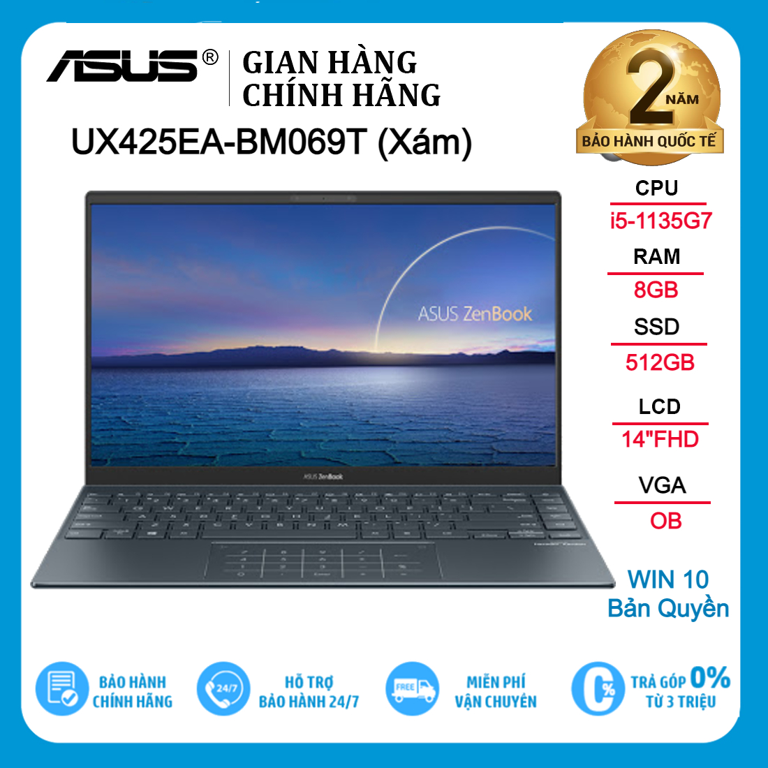 Laptop asus zenbook ux425ea-bm069t i5-1135g7| 8gb| 512gb| ob| 14''fhd| win 10-hàng chính hãng new 100%