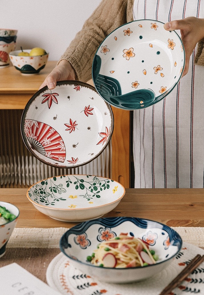 Đĩa gốm sứ đơn giản phong cách Nhật Bản, đĩa tròn sâu lòng, đĩa đựng thức ăn hình tròn