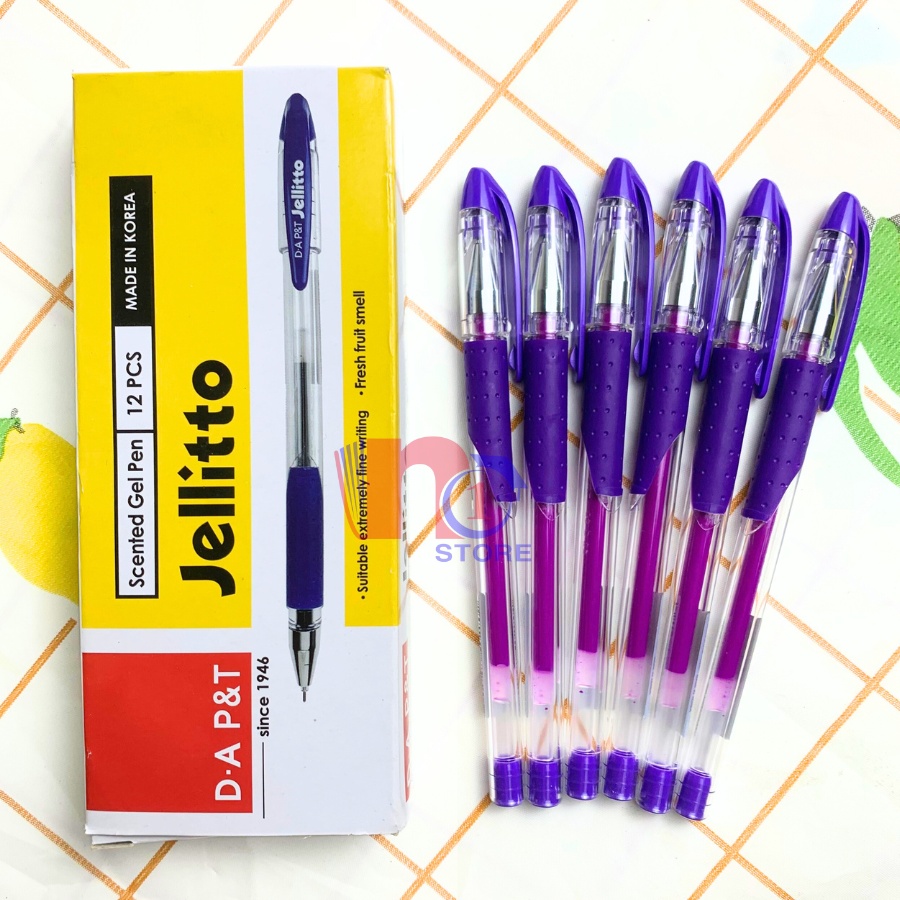 Hộp 12 cây viết gel jellitto 0.4mm d.a p&t hàn quốc mực xanh, tím