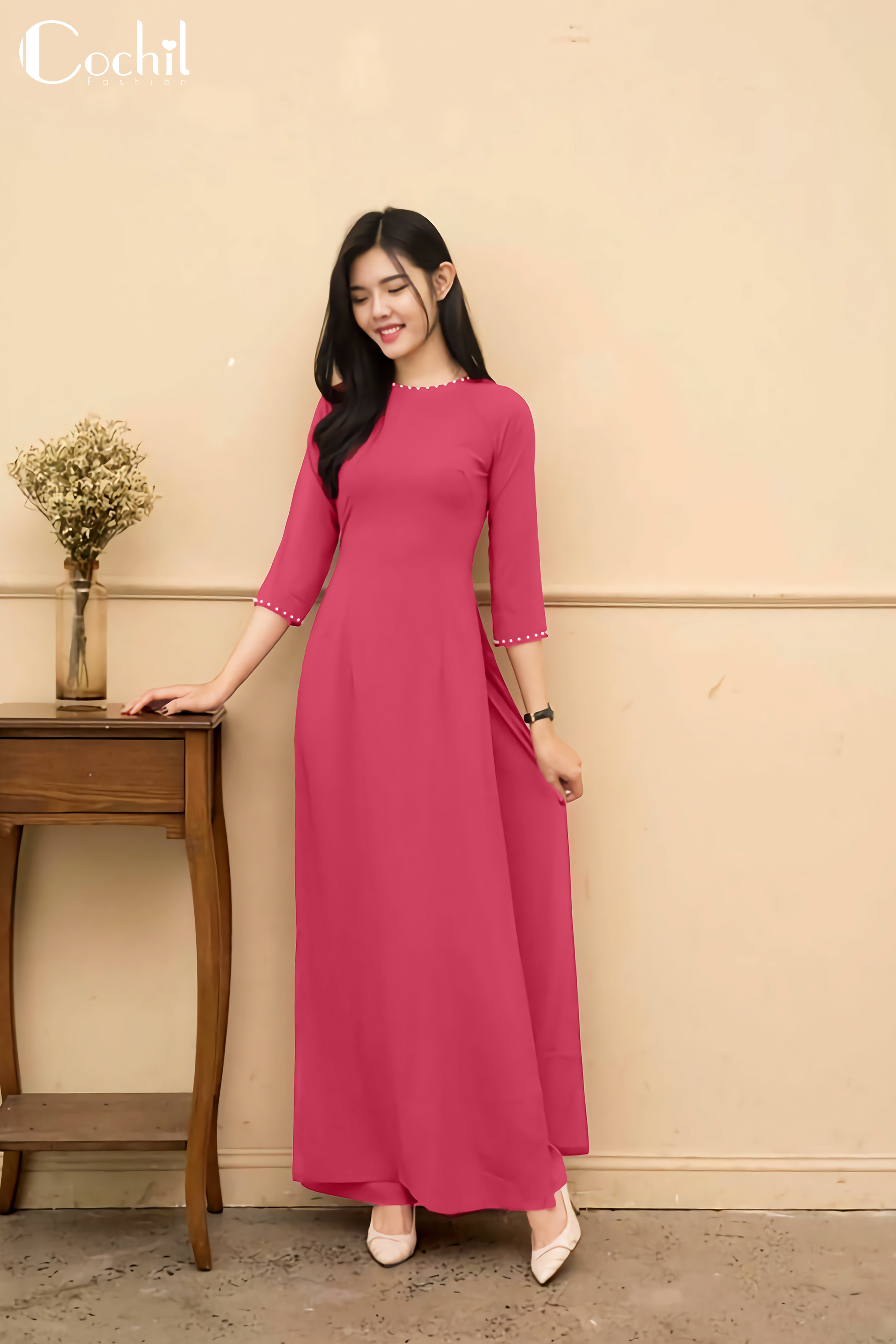 Áo dài truyền thống lụa nhật cổ tròn - màu hồng sen - áo dài cochil