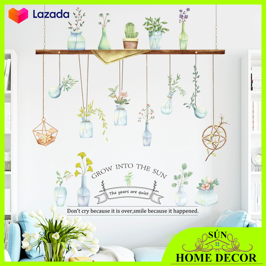 [Hàng đẹp] Decal dán tường lọ cây treo kệ siêu đẹp, dán tường trang trí cho phòng khách, phòng ngủ, quán cafe... cực phẩm