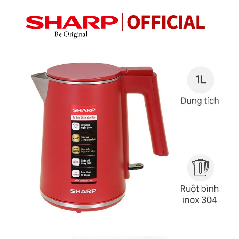 Ấm bình đun siêu tốc sharp 1.0 lít ekj-10dvps-rd/bk - bảo hành 12 tháng chính hãng