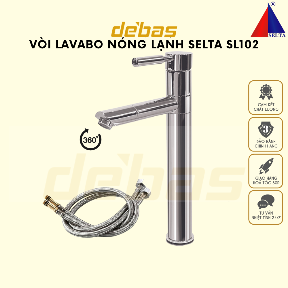 Vòi rửa mặt nóng lạnh dáng tròn đồng mạ crom vòi lavabo cao 30cm chính hãng Selta SL102