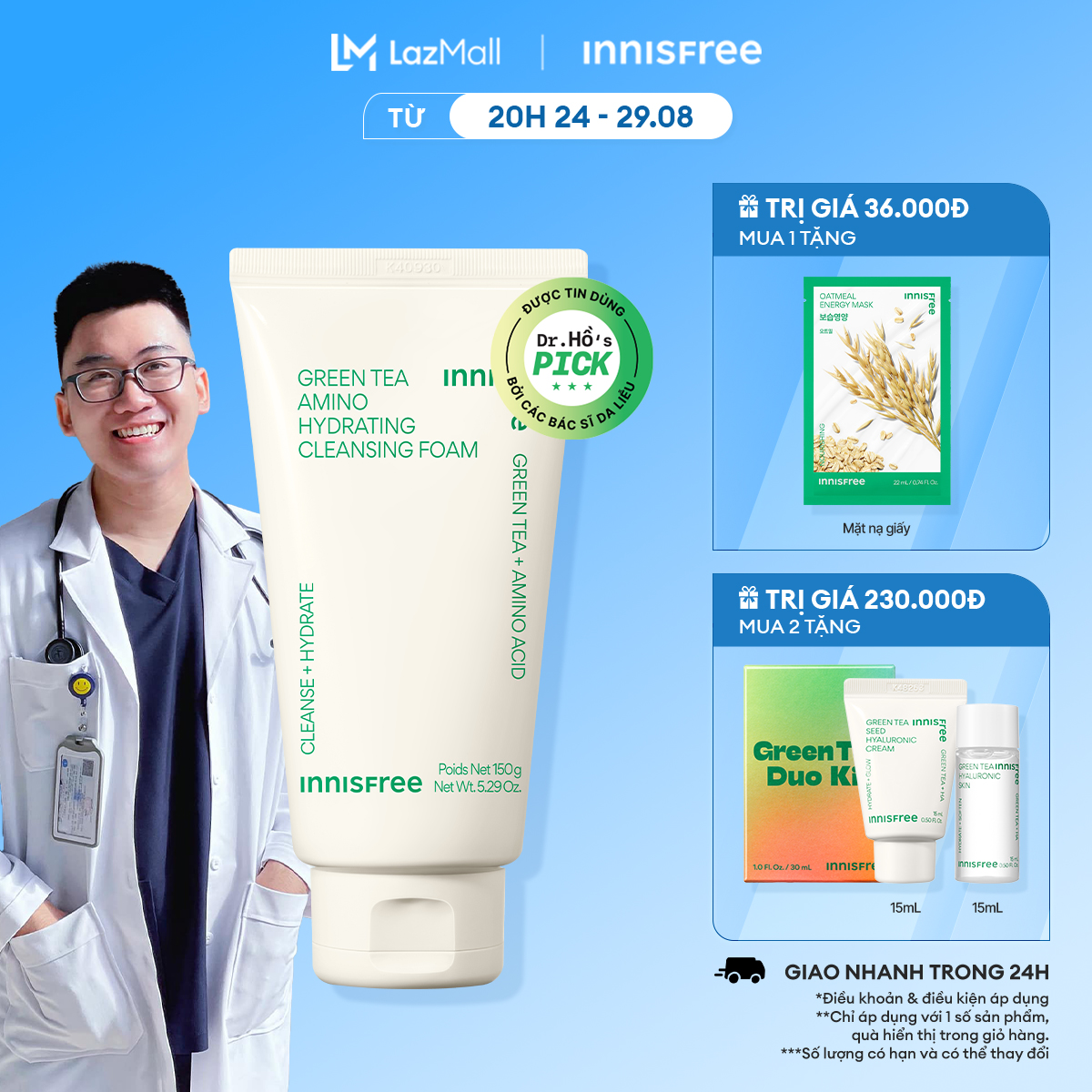 Sữa rửa mặt làm sạch và cấp ẩm từ trà xanh INNISFREE Green Tea Amino Hydrating Cleansing Foam