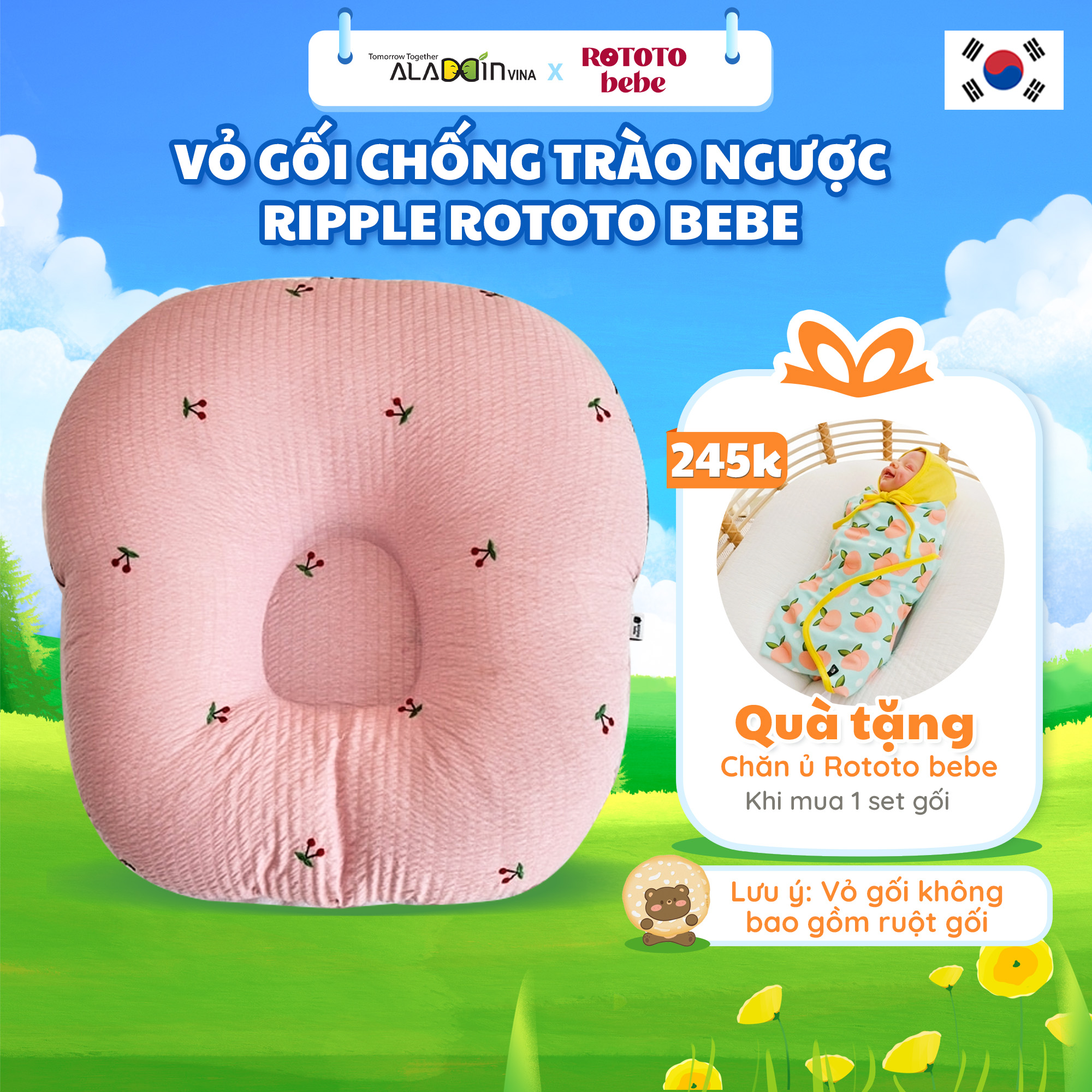 Vỏ gối chống trào ngược vải ripple ruột C cho bé Rototo Bebe ALADDIN VINA