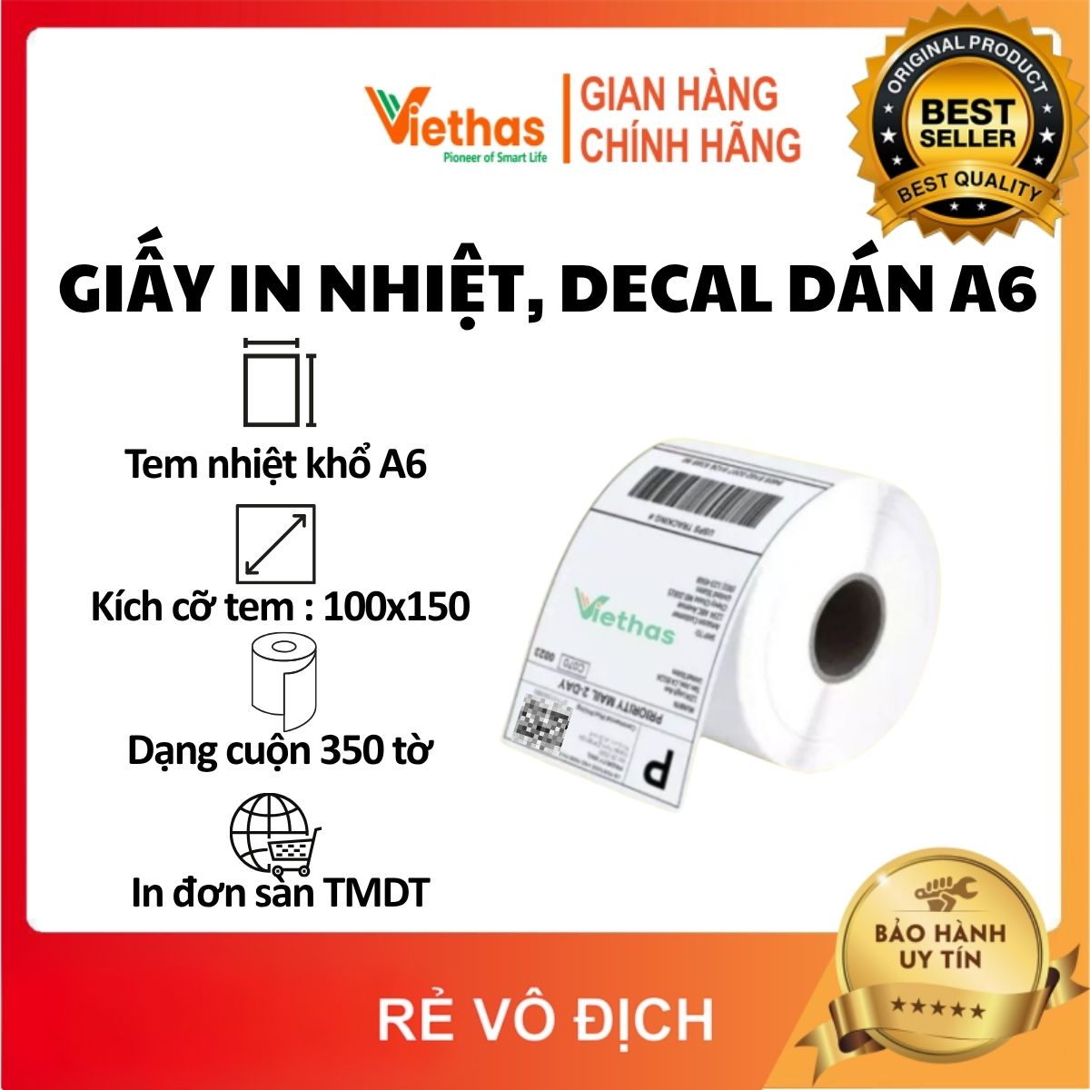 Giấy in nhiệt decal a6 100x150mm cuộn 350 tem chuyên in đơn sàn tmđt, in vận đơn, in phiếu giao hàng, có lớp keo tự dán