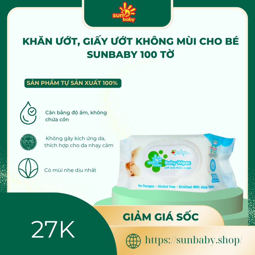 Khăn ướt, giấy ướt không mùi cho bé Sunbaby 100 tờ