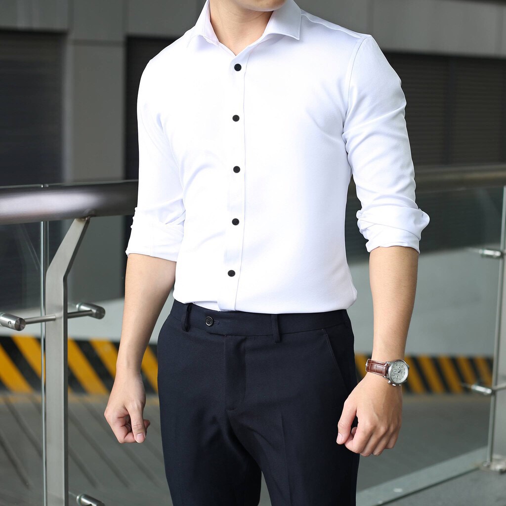 Áo sơ mi nam dài tay trơn, Sơ mi nam dáng body chống nhăn