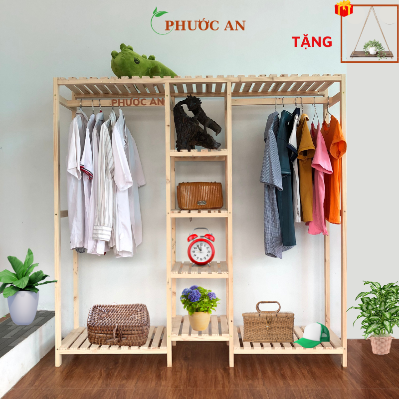 Tủ quần áo gỗ thông anpo - kệ treo quần áo 3 gian - gỗ thông nhập khẩu đã qua xử lý chống mối mọt