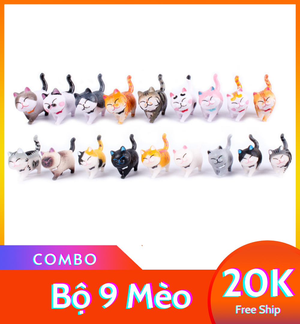 Bộ 9 mô hình mèo trang trí cute,1 bộ gồm 9 con có thể xoay hướng nhìn