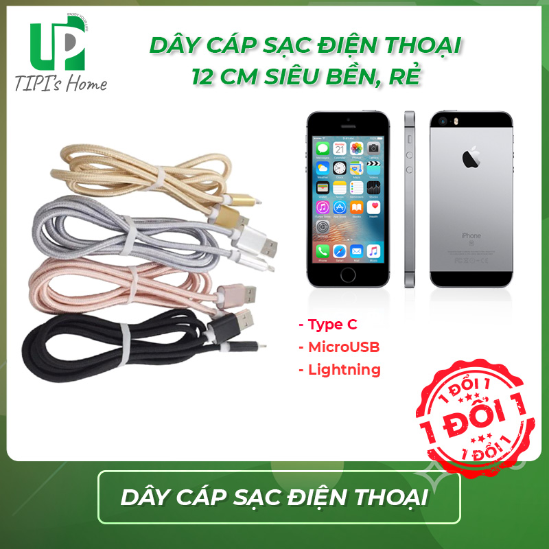 Dây cáp sạc điện thoại chân Micro lighning và type C 12m siêu bền - TiPi Home