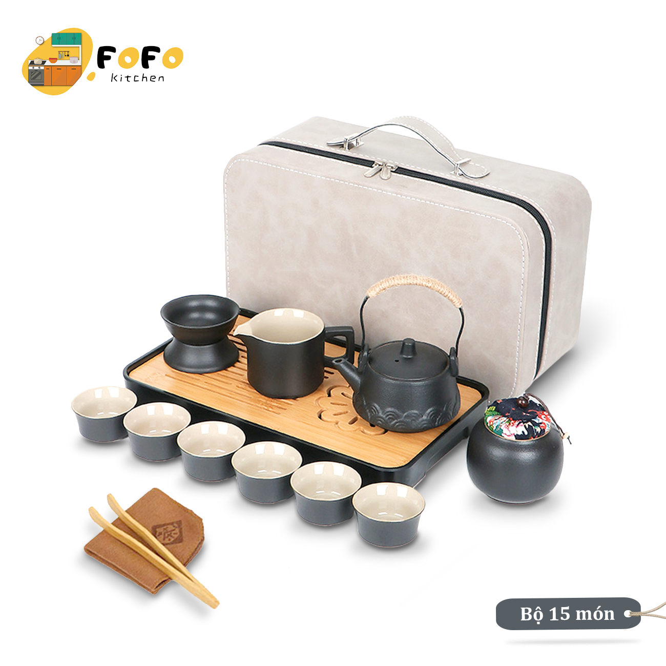 Bộ ấm trà gốm sứ du lịch 15 món Bộ ấm chén uống trà đẹp Bộ bình trà cao cấp Bộ ấm pha trà cổ điển Kèm khay trà và túi xách Tea set FOFO