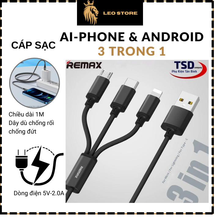 Cáp sạc nhanh remax 3 đầu đa năng 3 in 1, cáp sạc 3 trong 1 lighting- micro usb- type c