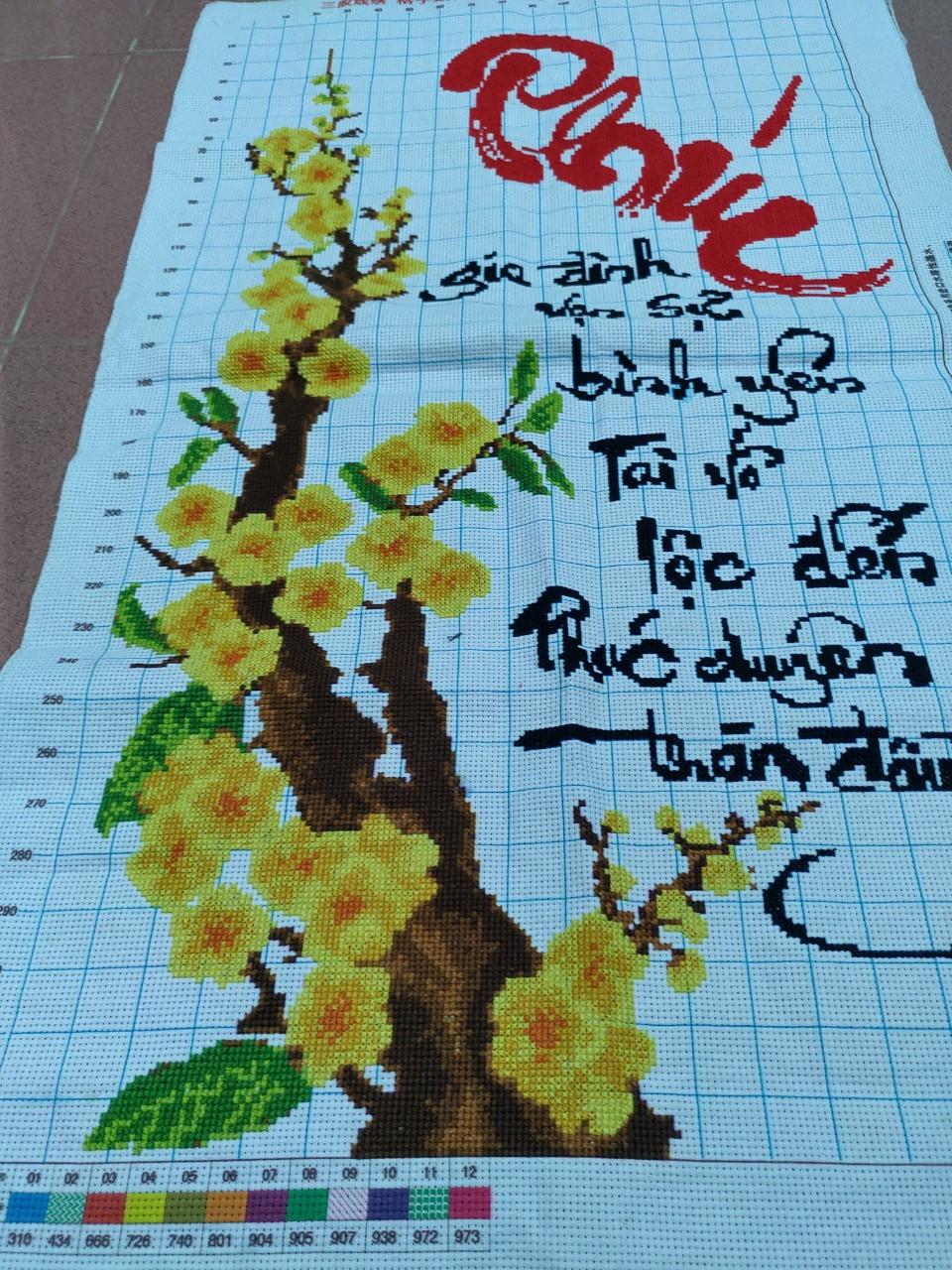 Tranh thêu chữ thập chữ phúc - hoa mai 82x50cm (Thành phẩm chưa khung)