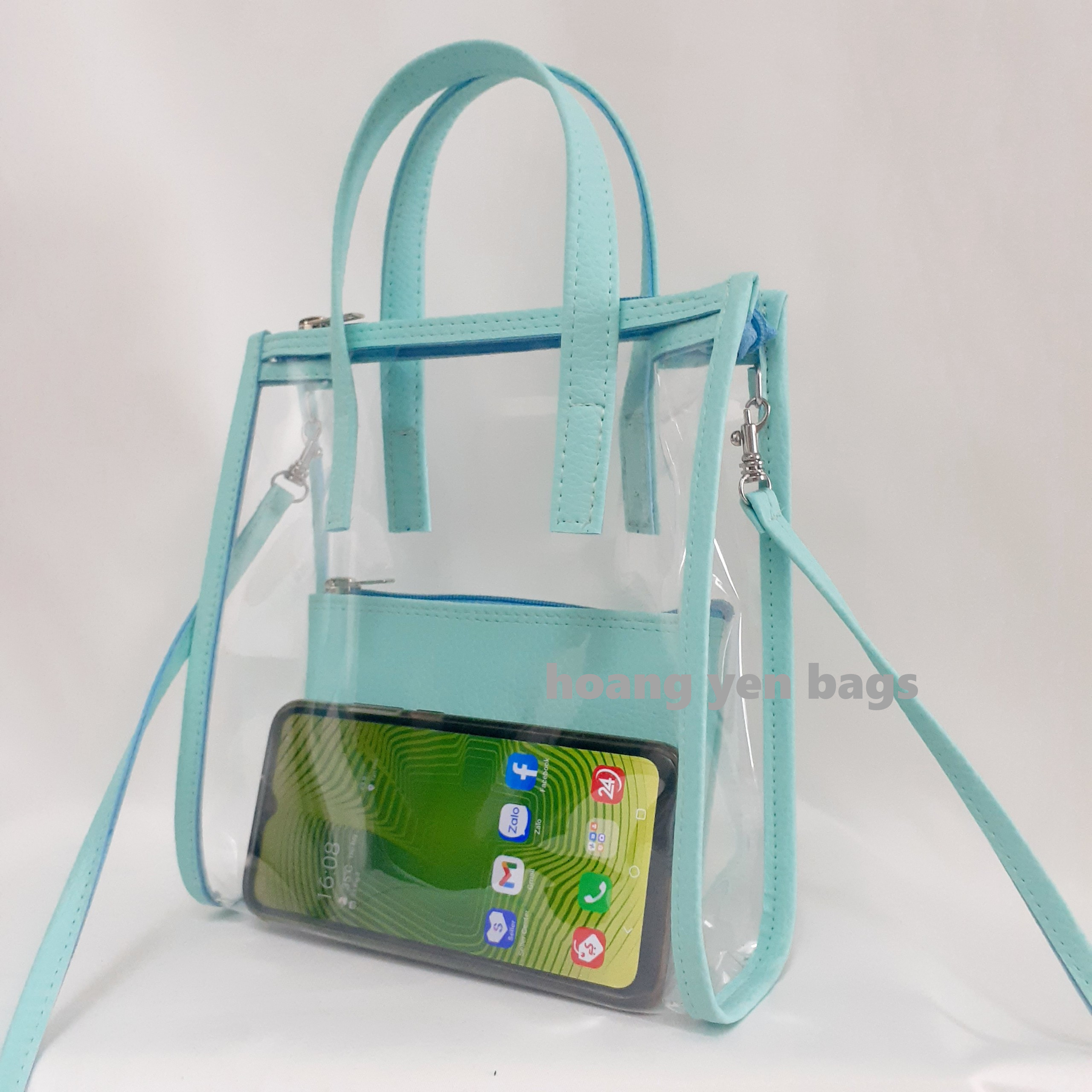 [Hcm] 2-in-1 Transparent Tote Bag, Portable, Cross-Body Carryable, with Zipper, Can Hold Large-Sized Phones, with Matching Cross-Body Strap - 9