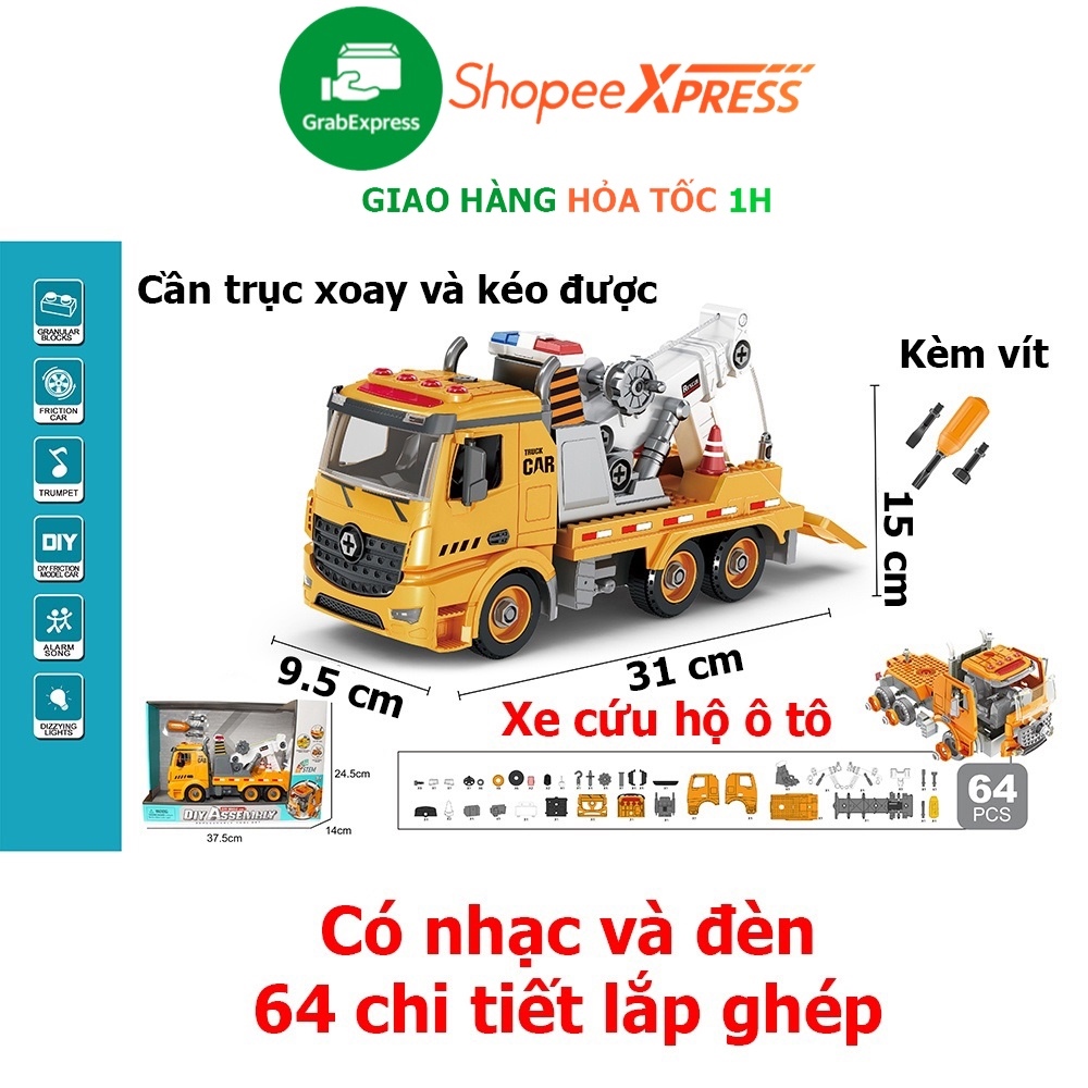 ☃ Đồ chơi lắp ghép xe cứu hộ ô tô có nhạc và đèn cần trục xoay kéo chi tiết chuyển động