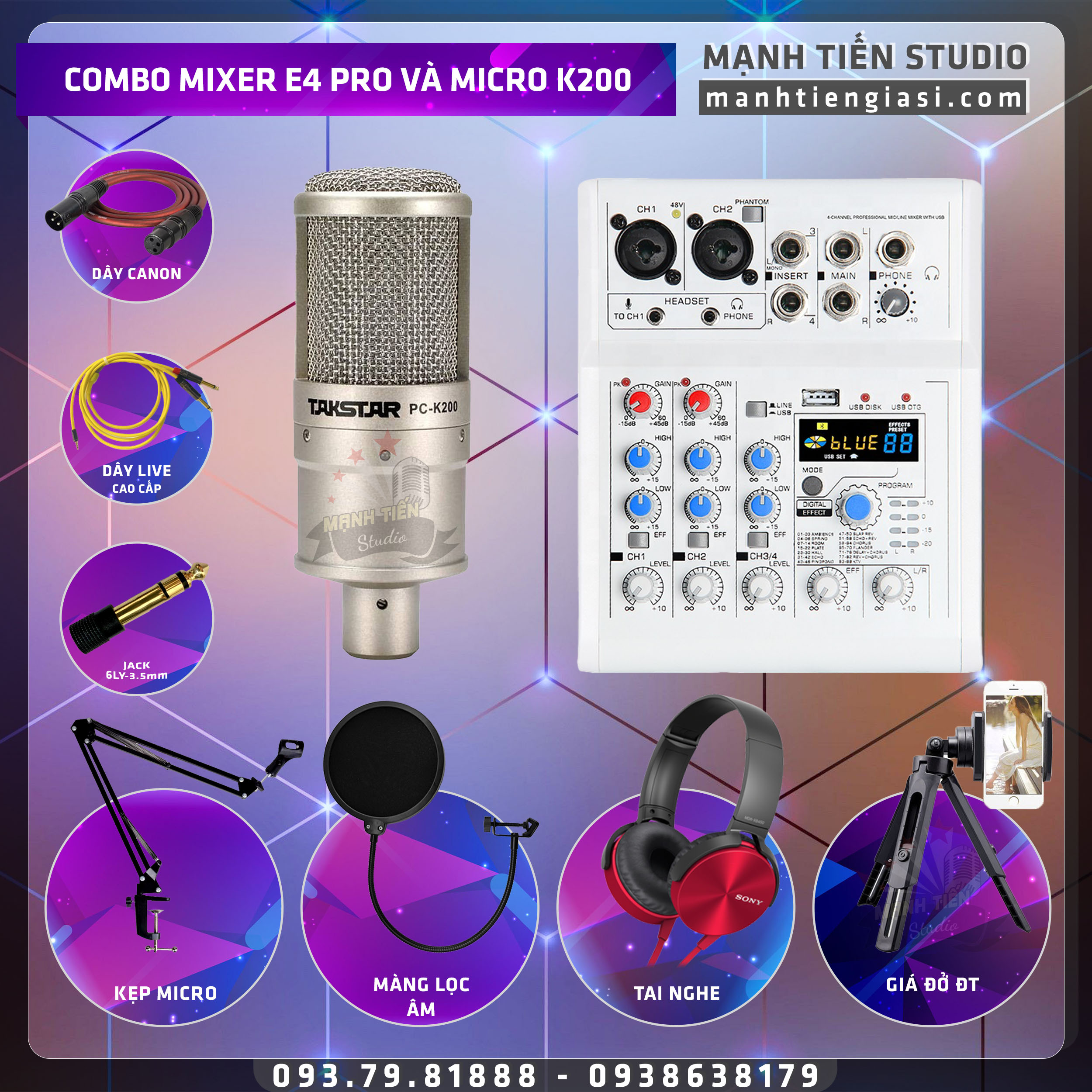 Combo MIXER E4 Bluetooth Và Micro K200 karaoke thu âm livestream bán hàng facebook tiktok