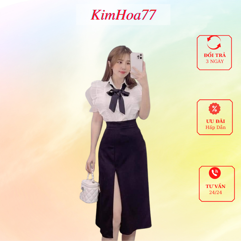 Sét váy áo trắng tiểu thư lụa mix chân váy đen umi xẻ tà freesize kimhoa77